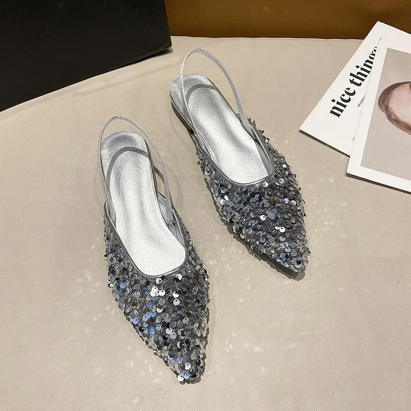 

Мода 2025 Новые Летние Женские Сандалии с Закрытым Носком Модные Туфли-Слипоны с Пайетками Женские Элегантные Вечерние Платья Балетки Сандалии 35 серебряный