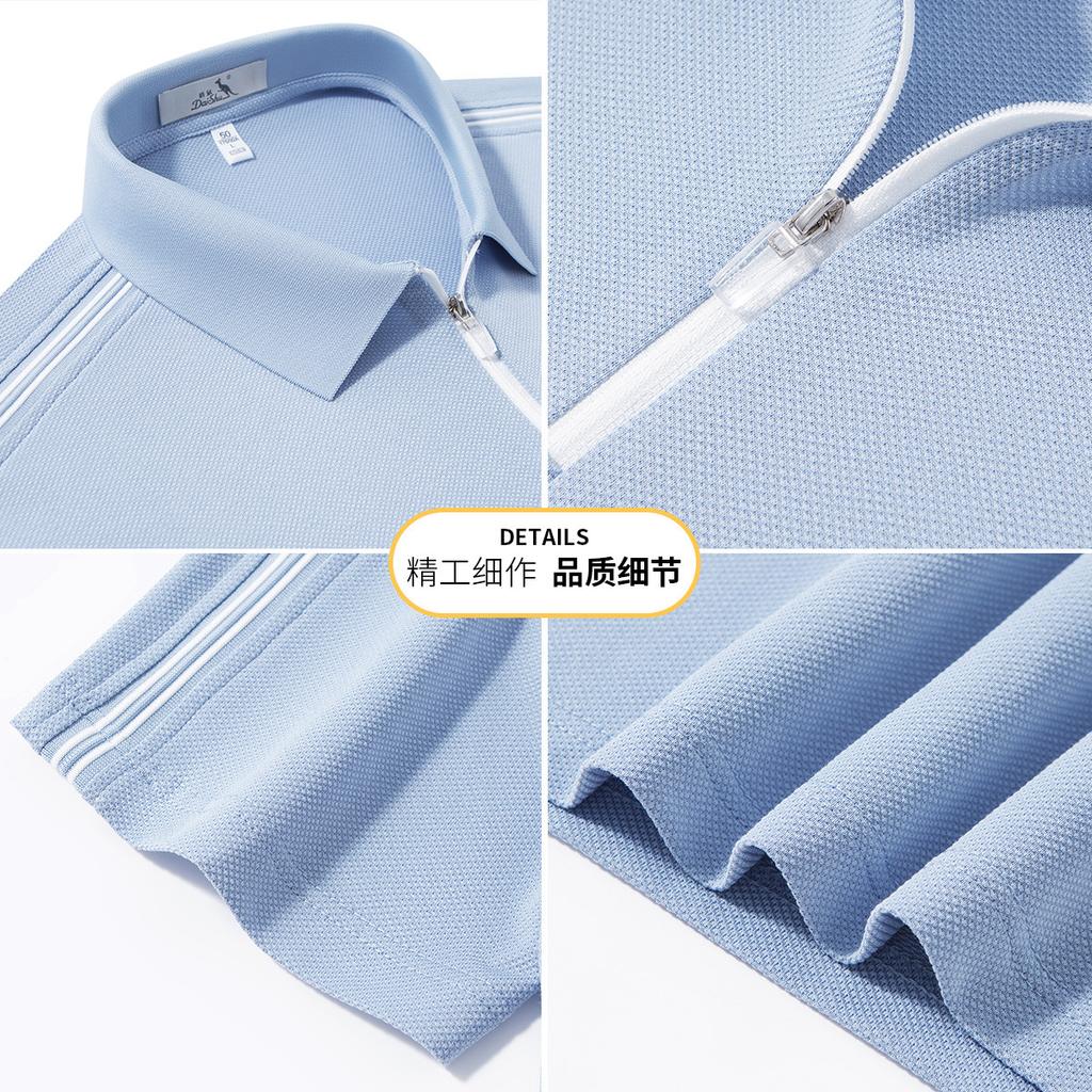 Summer Half Zipper Cotton Hemp Short-sleeved T-shirt for Men Polo