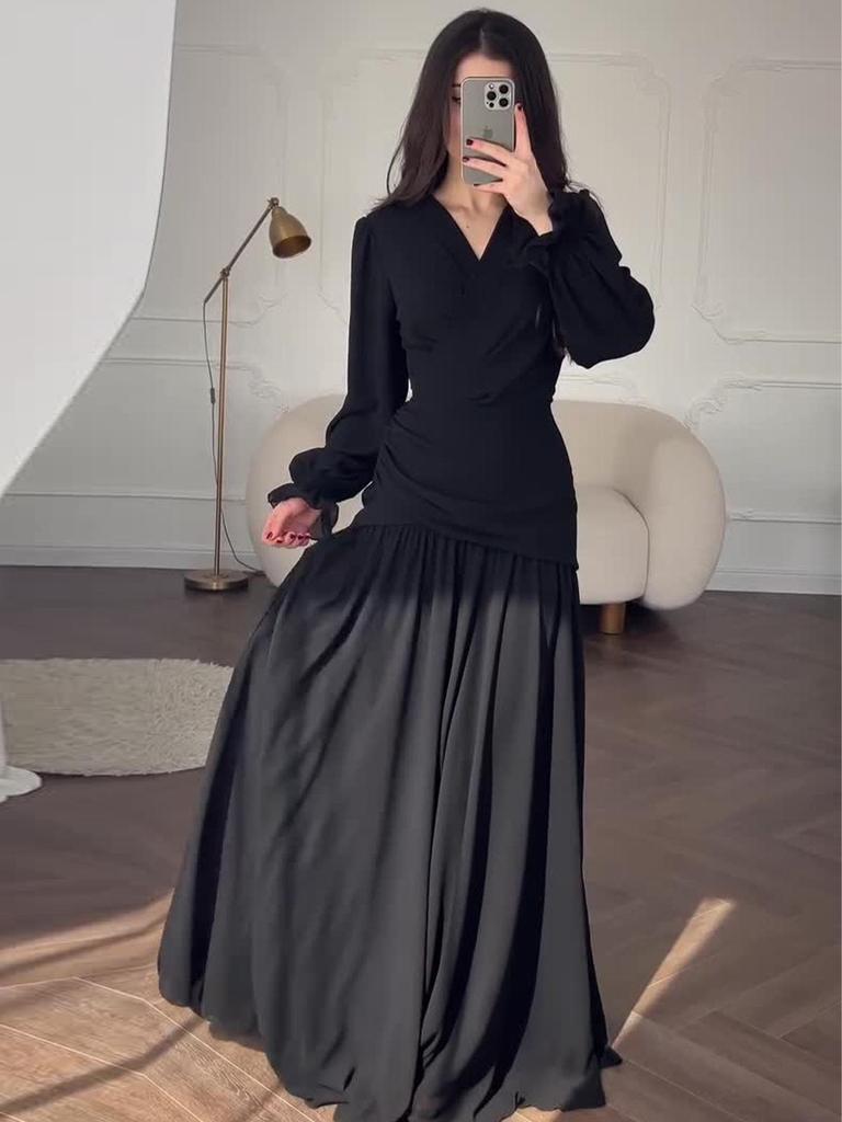 2025 Spring Black Chiffon Dress: European & American Style Design for Women