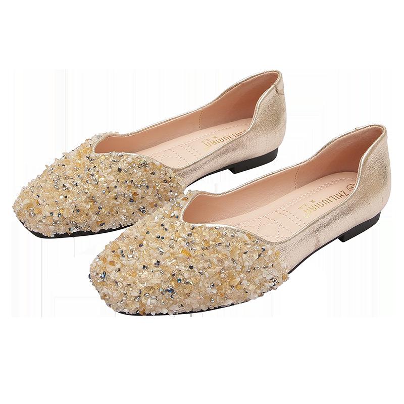 

Женские туфли-лодочки с пайетками и стразами, новая модель, с неглубоким вырезом, на плоской подошве, с мягкой подошвой, туфли-бини, женская обувь большого размера 33 абрикосовый