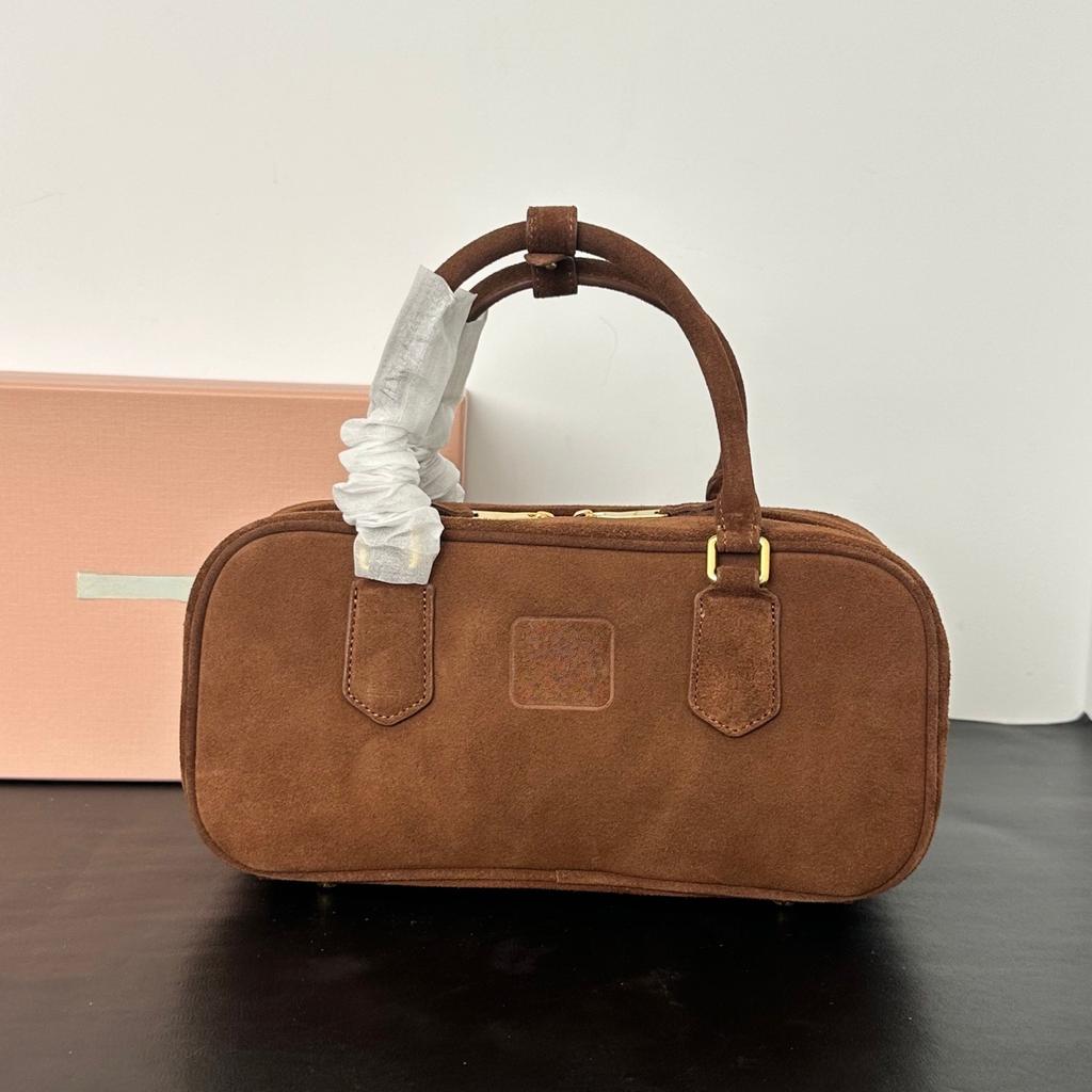 Miu Series Classic Preservation Ball Handbag Women's Cowhide High-grade Sense Leather Top Handle Bag Frosted Cowhide Single Compartment Crossbody Bag