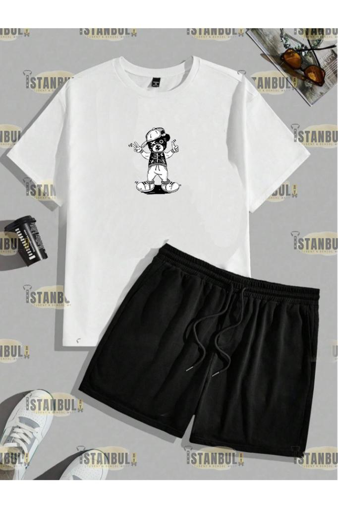 Conjunto de camiseta y pantalones cortos con estampado de oso Happy Street para hombre, talla grande, talla grande, conjunto de parte superior inferior de chándal