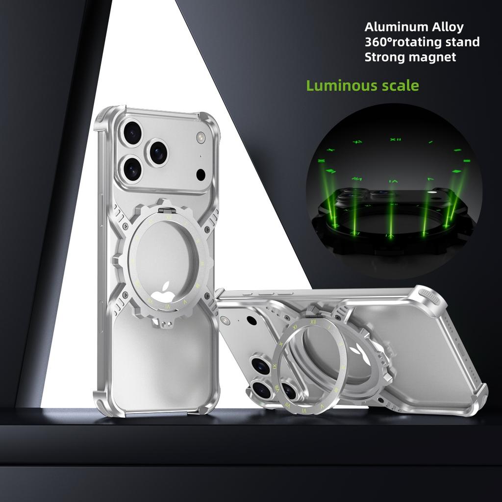 Aluminum Magnetic Luminous Hollow Rimless Bumper Stand Case for iPhone 17 Pro Max / 17 Pro / Air Metal Wireless Charging Cover