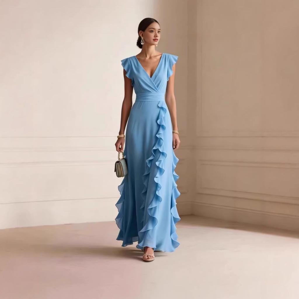 Women V Neck Sleeveless Ruffle Side Slit Maxi Dress Solid Beige