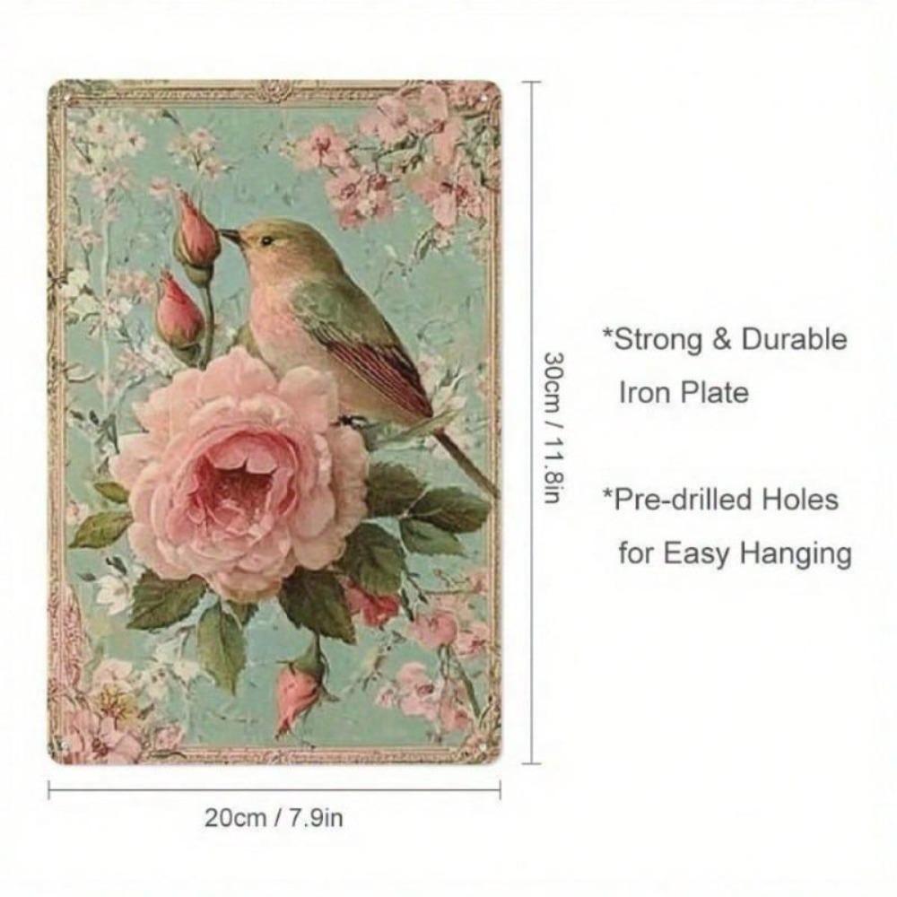 Vintage Rose Bird Metal Tin Sign Retro Wall Art Home Decor