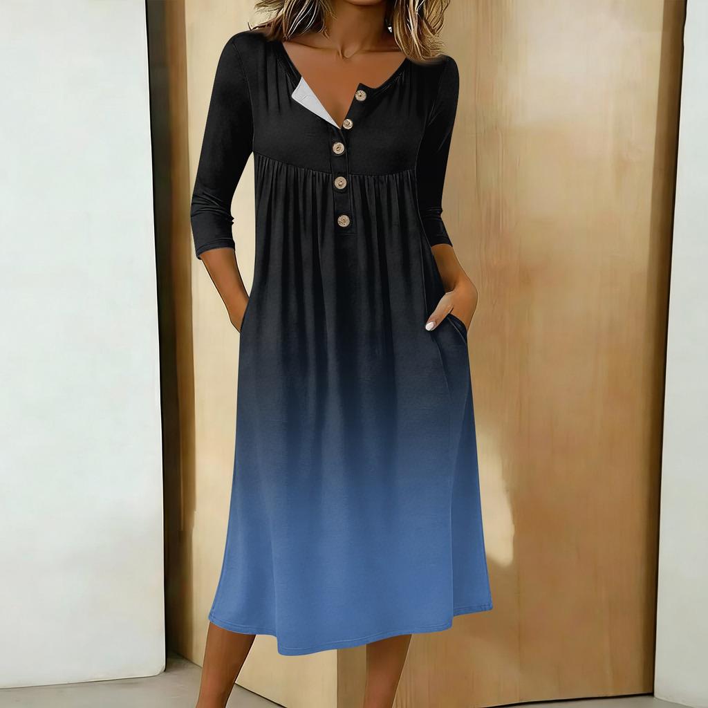 Women's Fashionable Color Printed Round Neck 3/4 Sleeve Button Collar Mid Length Casual Dress