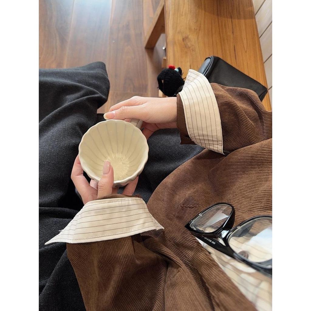 Korean Retro Coffee-Toned Two-Piece Effect Patchwork Shirt - Women's Spring 2026 Long Sleeve Top