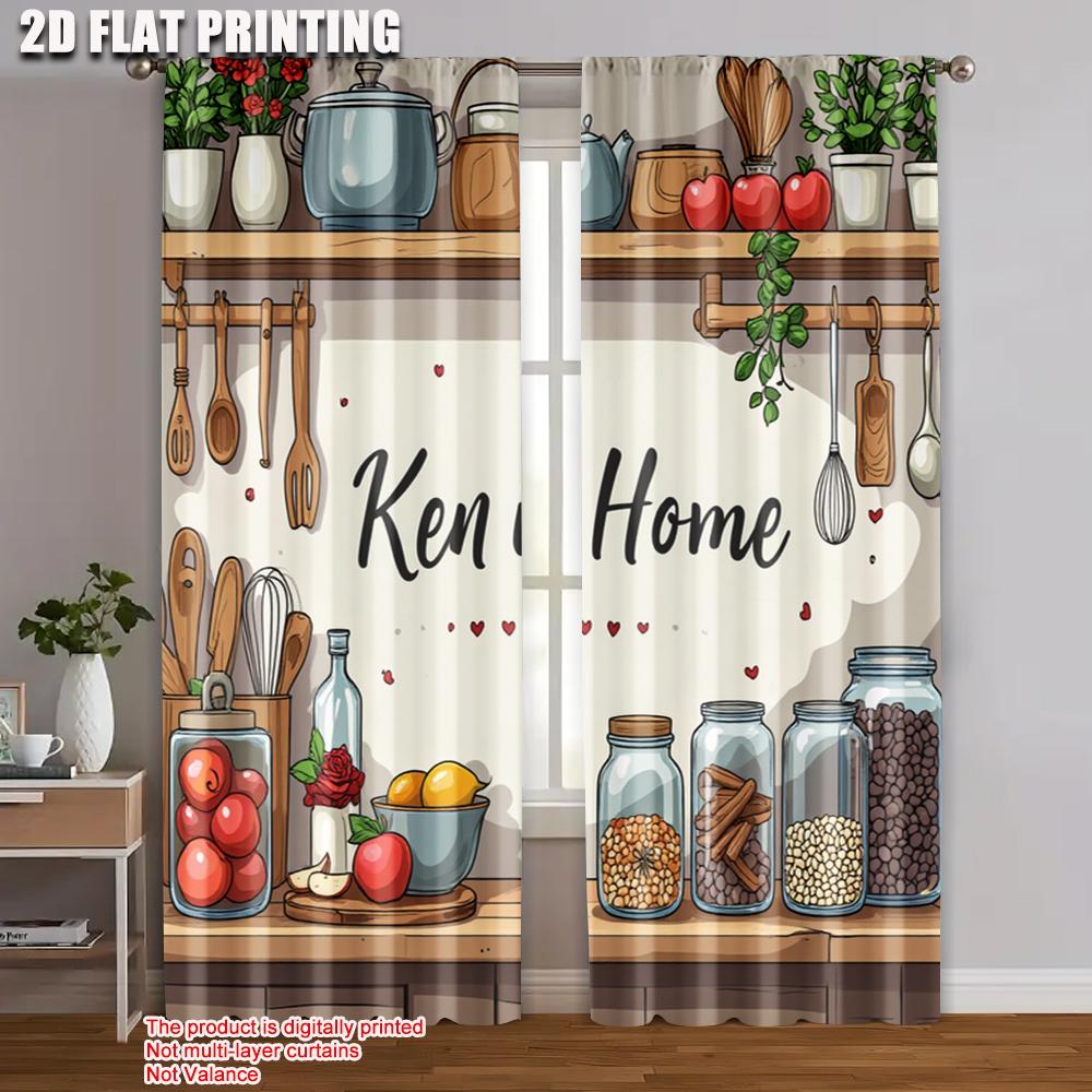 

Set Of 2 Flat Printing Curtain Ken Is Home Kitchenware Illustration Versatile Polyester Without Electricity Festive Curtains Ideal For Cooking Area W100*H70(CM)-Rod Pocket&1PCS