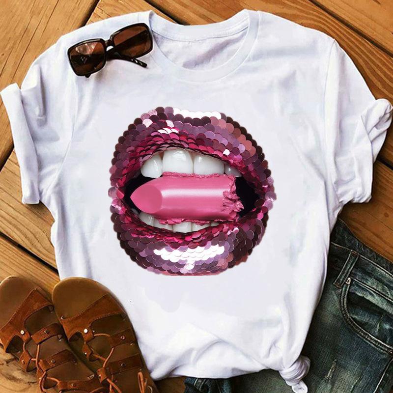 Sequins Shiny Lip Print Women T Shirt Short Sleeve O Neck Loose Women Tshirt Ladies Tee Shirt Tops Clothes Camisetas Mujer