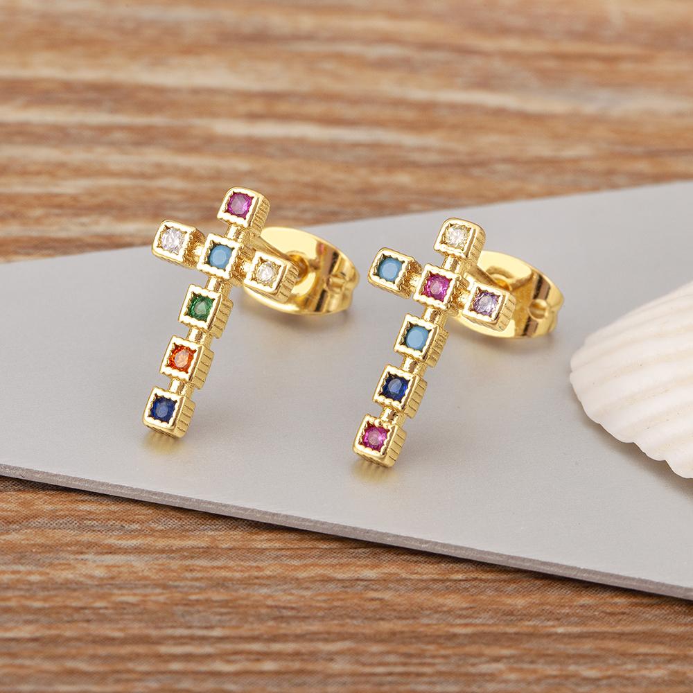 Nidin Korea Popular Inlaid Delicate Zircon Cross Charm Earrings 3 Colors For Women Girl Engagement Wedding Jewelry Accessories