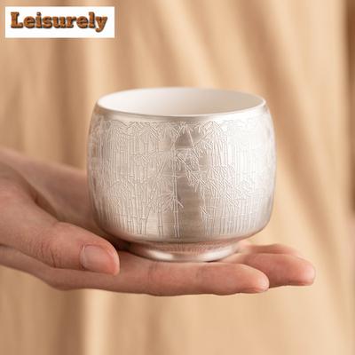 High End 999 Gilded Silver Ceramic TEACUP Green Bamboo Pattern Master Cup Personal Tea Bowl Special Chazhan Teaware Drinking
