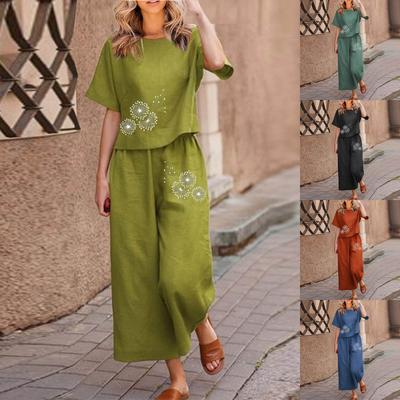 Women's Casual Long And Short Sleeve Pullover Shirt Crewneck Artistic Retro Print Casual Suit