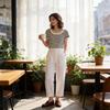 Black And White Striped Ice Silk Short Sleeve Tshirt For Women Summer Elegant Office Wear