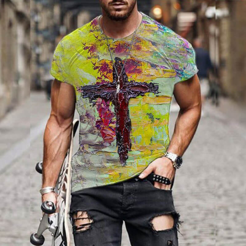 2024 Summer Retro Cross Pattern New Short Sleeved Round Neck Printed Men's T-shirt