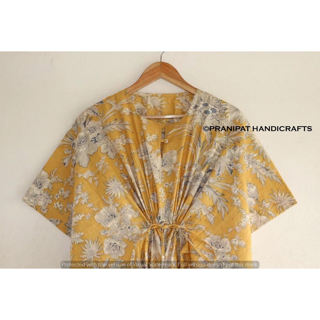 Damen Sommer Baumwolle Hippie Nachtwäsche Blumendruck Gold Langes Maxi Kaftan Kleid CKFTN-SCRN-FULL-BUYIT-083