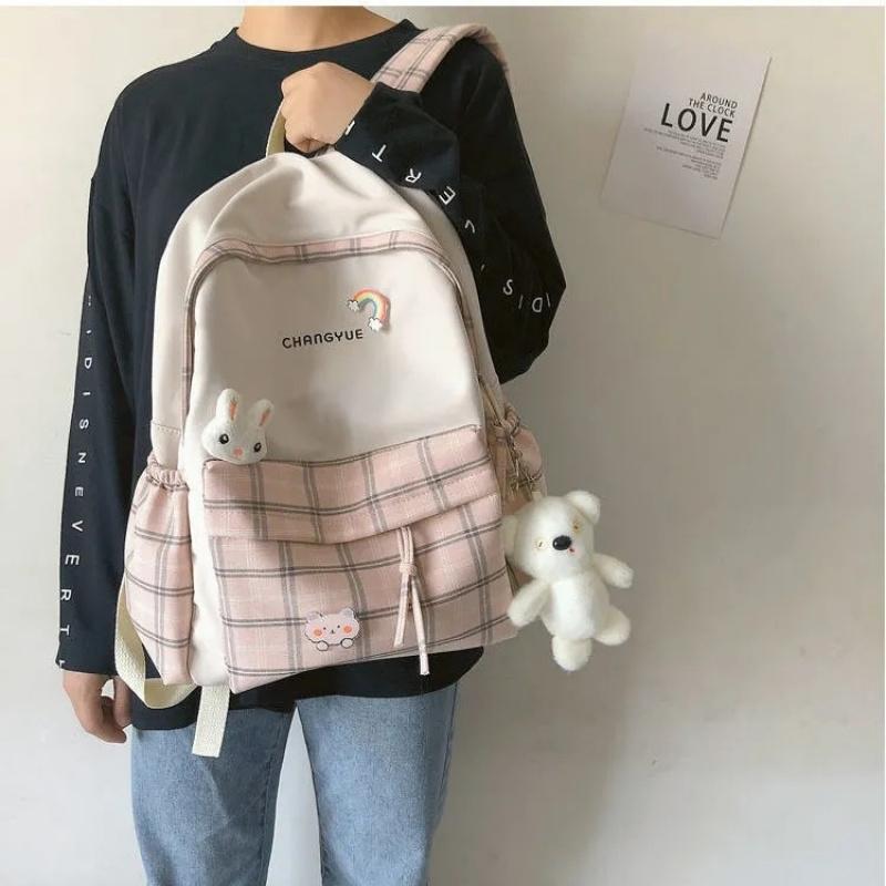 Fresh And Simple High School Backpack For Female Students Junior High School Plaid Minimalist College Style Backpack розовый