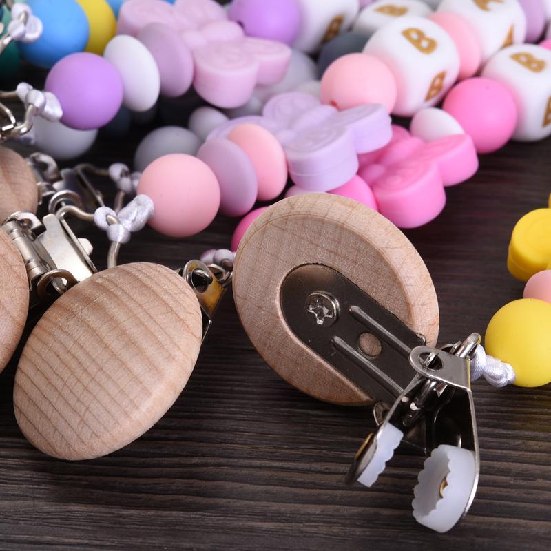 Round Wood Baby Dummy Holder Clip Crown Butterfly Silicone Beaded Teether Custom English Letter Name Pacifier Chain Nursing Toy