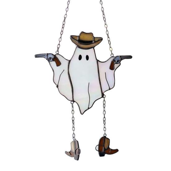 Halloween Ghost Suncatcher Stained Glass Acrylic Window Hanging Light Catcher Cute Cowboy Ghost Decoration for Home Office Kitchen Living Room Wall