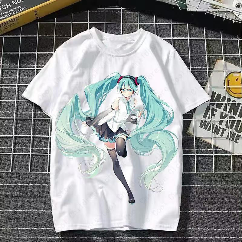 Japońska Postać Anime Słodka MIKU Letni Damski Top z Okrągłym Dekoltem Koszulka Graficzna