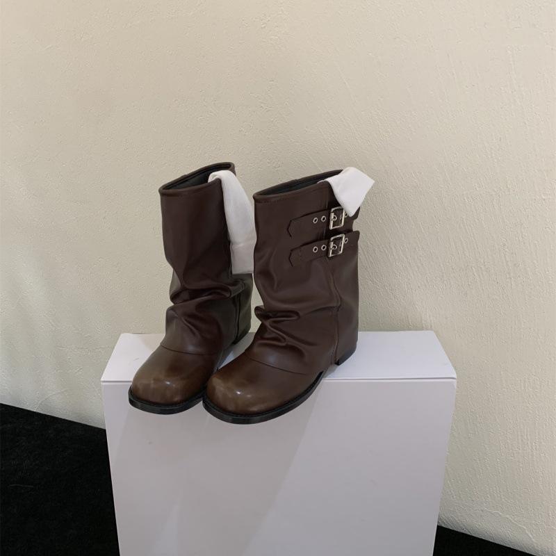 French Spice Girl Style Belt Buckle Thick Heel Trendy Pant Pants Boots Women's Autumn and Winter Fashion Versatile Fried Street Suede Pile Boots