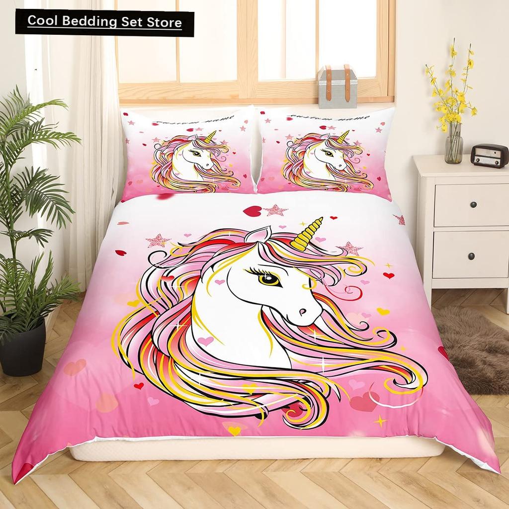 Kids Unicorn Stars King Queen Duvet Cover Cartoon Magic Animal Bedding Set Rainbow Shiny Quilt Cover Polyester Comforter Cover