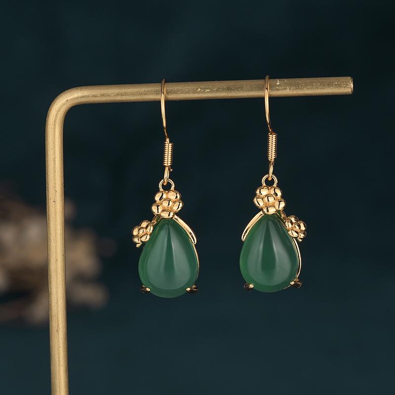 Aieryuan Court Style Gold-Plated Chalcedony Agate Teardrop Dangle Earrings for Women
