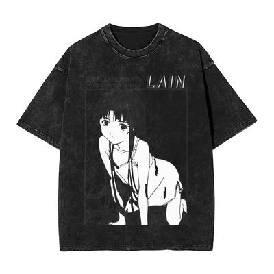 Serial Experiments Lain "Lain Iwakura" Vintage-Waschung Übergröße Schwarzes T-Shirt | Cyberpunk Anime Fan Unisex Streetwear T-Shirt