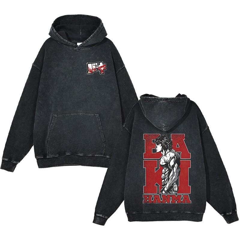 Baki Hanma Anime Streetwear Hoodie Heavyweight Cotton Washed Vintage Style Mens Long Sleeve Pullover