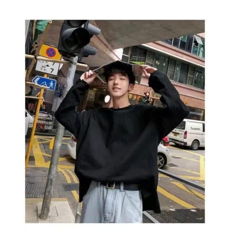 Pure Cotton Spring and Summer Men's Long-sleeved T-shirt with Split Hem Bottoming Shirt with Loose Design and Loose Top