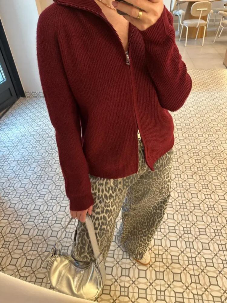 Knit Cardigan Double Zipper Women Sweater Long Sleeve Casual Drawstring Coat 2026 Autumn Winter Loose Fit Solid Color Jackets