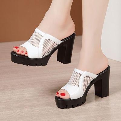 Fashion Platform Block Heel Sandals Summer New Round Toe Open Toe Paneled Mesh Cutout Non-slip Platform Temperament Pumps