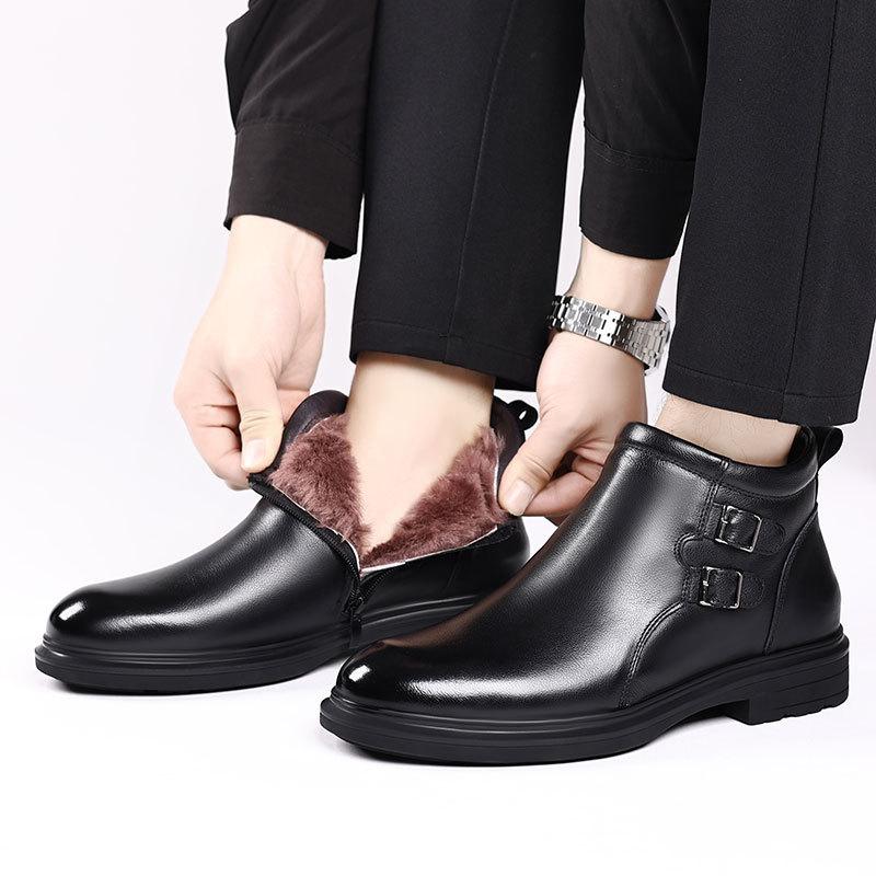 One Pedal Men's Shoes Winter Chelsea Boots Men's Leather Business Pointed Wool Cotton Shoes Dress Fur Shoes Men's