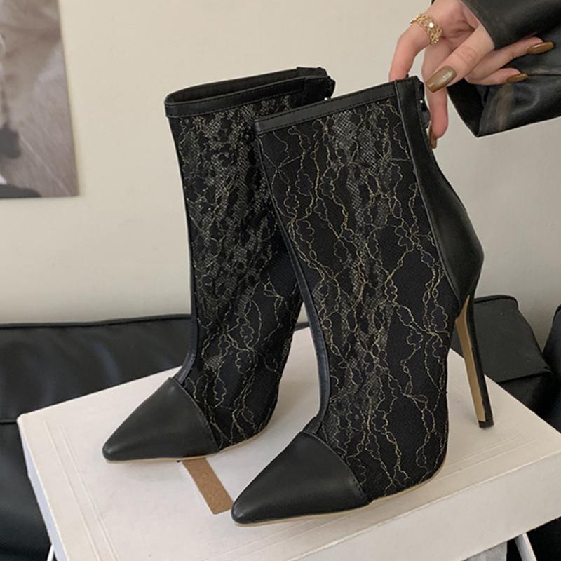 Fashion Liyke Sexy Spitz Zehen Reißverschluss Mesh Stiefeletten Damen Schwarz Hohe Absätze Party Stripper Schuhe Stiletto Chelsea Stiefeletten Zapatos Mujer
