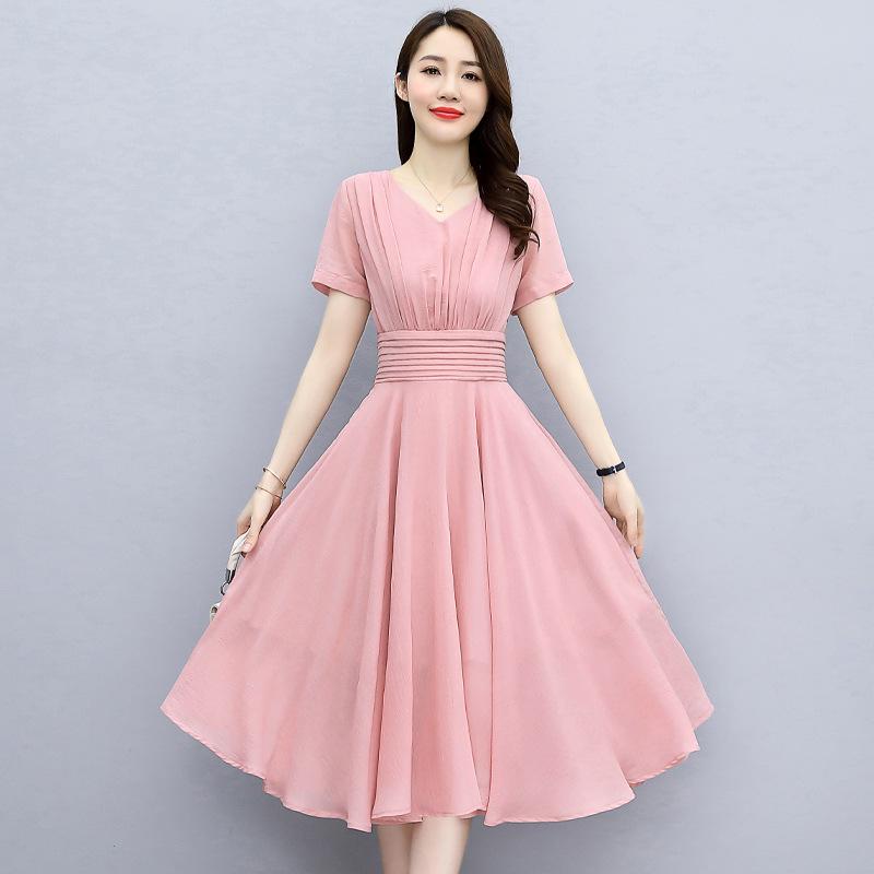 Elegant V-Neck Slim Fit Chiffon Dress - 2022 Women's Medium-Long Style