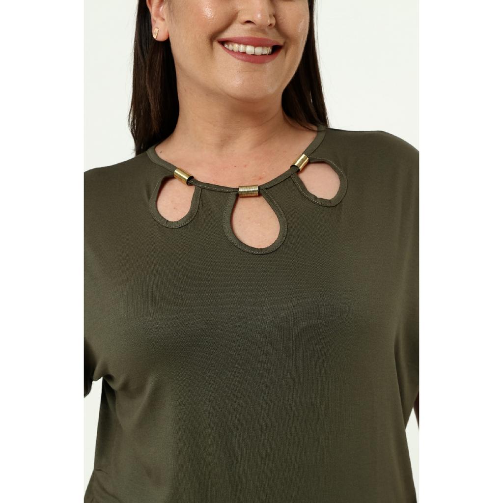 Plus Size Comfort Model Stylish Collar Detailed Cotton Curve Short Sleeve Summer Evening Dress Tunic T-shirt