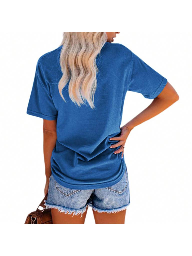 Women's Letter Print Crew Neck T-Shirt Short Sleeve Loose Basic Tee with Pocket