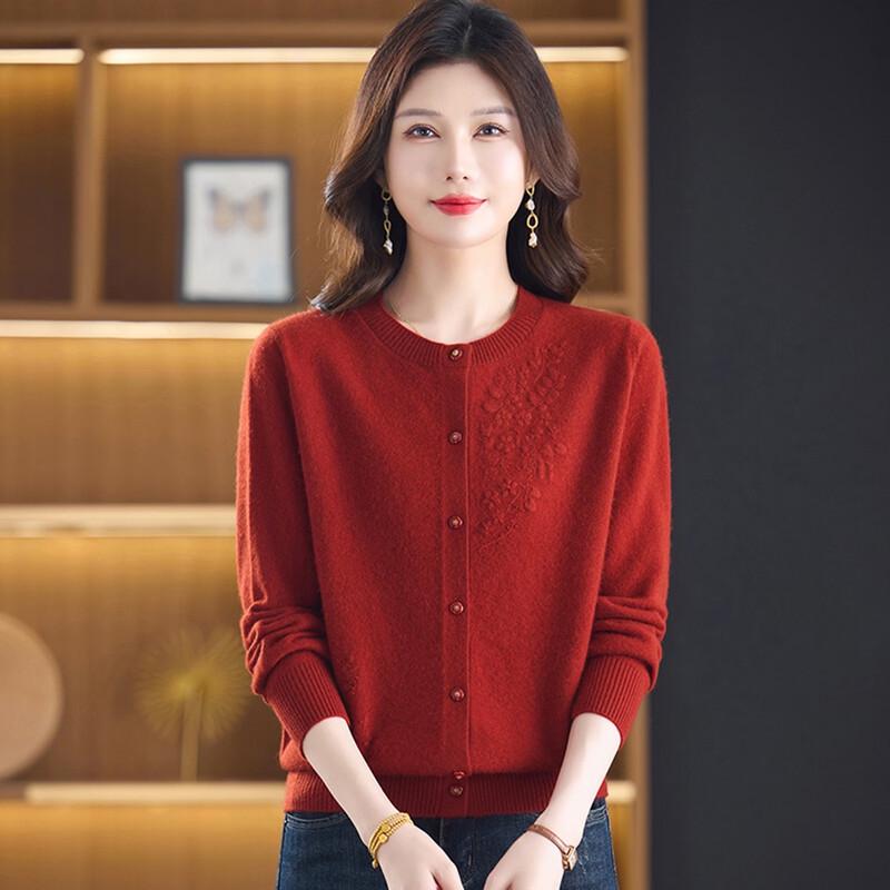 Yuzhaolin Women's Embroidered Crew Neck Knit Cardigan