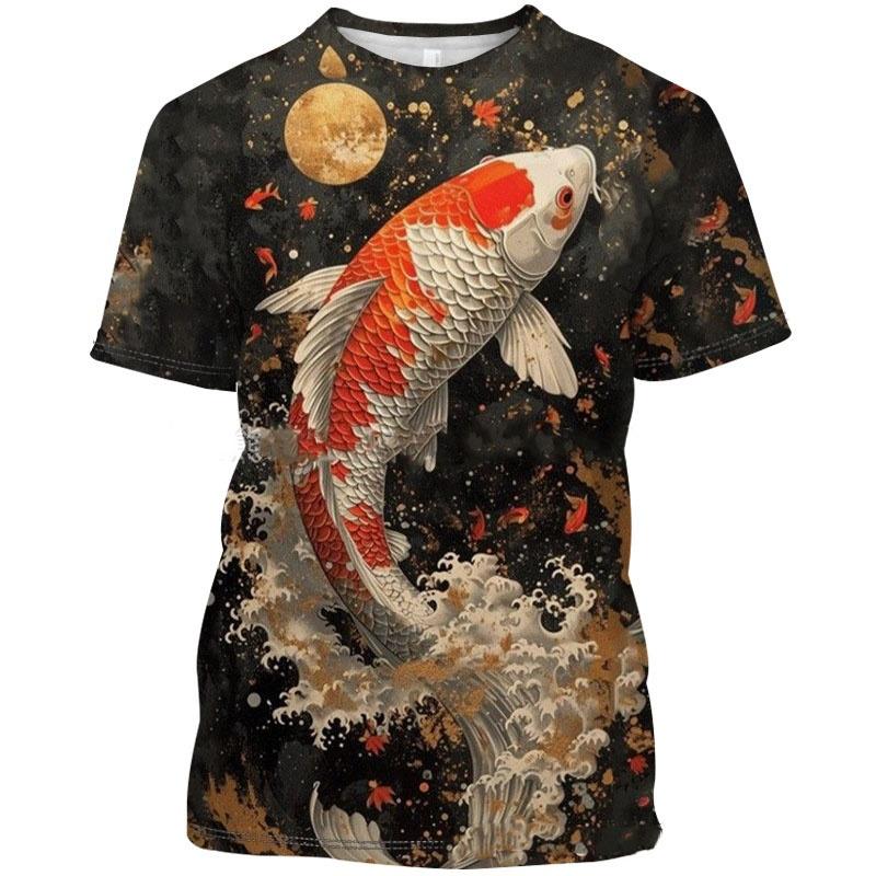 Koi Goldfish Pattern Summer Men's T-shirt Fun Fish 3D Printed Short Sleeved Top Fashionable Street Daily Casual Round Neck Pullover