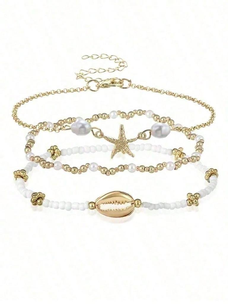 Summer Beach Style Starfish & Shell Beaded Bracelet Set For Women