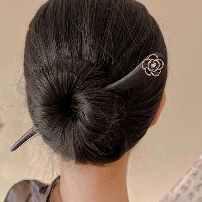 Vintage Black Camellia Wood Hair Sticks For Women Girl Fashion Classic Ethnic Flower Hair Clips Pins Hair Styling Accessories
