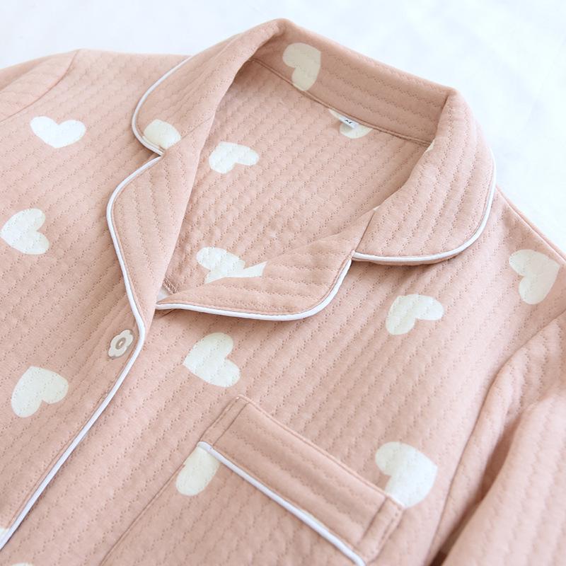 Autumn/Winter Women's Pure Cotton Long-sleeve Homewear Set - Thickened Air Layer for Warmth