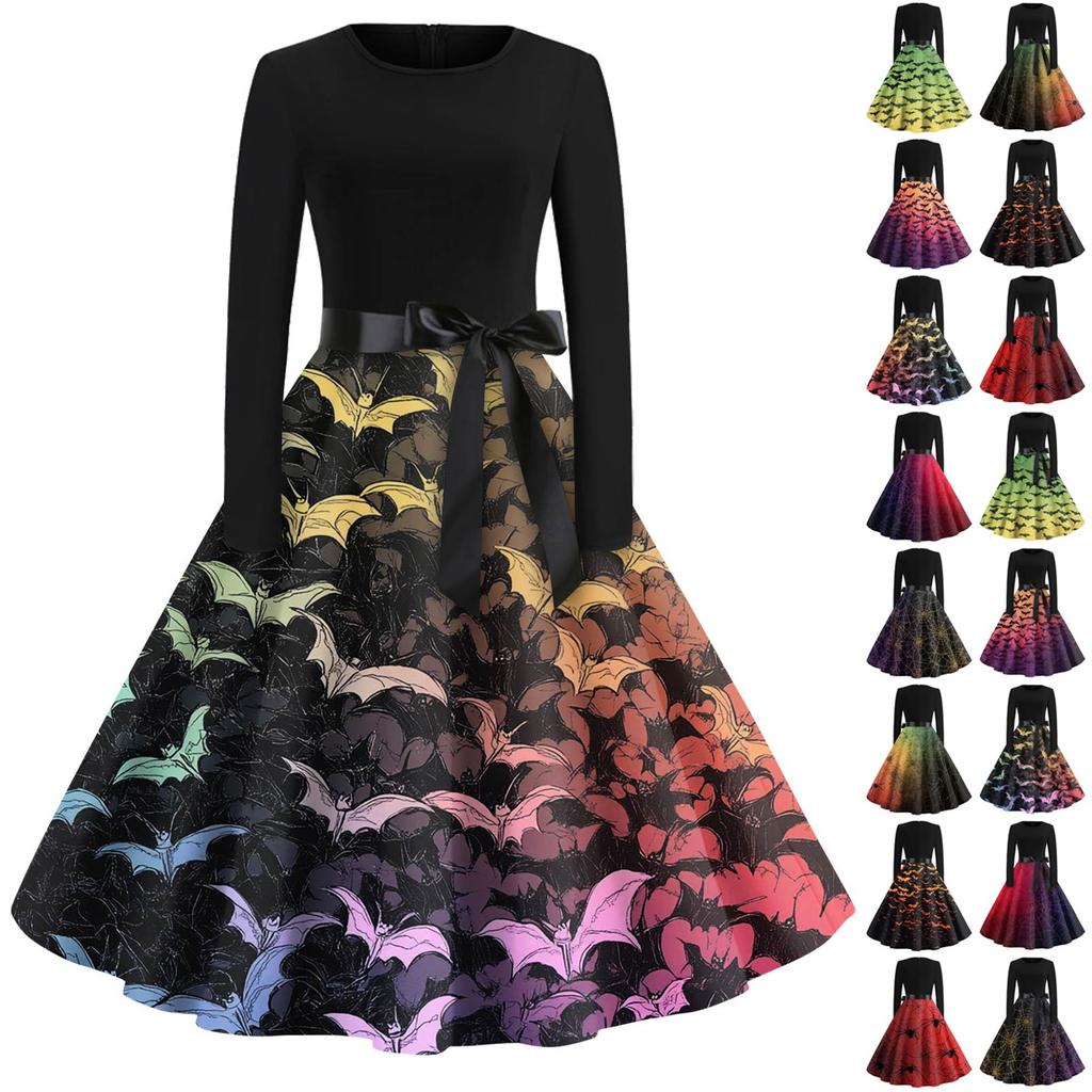 Women's Fashion O-Neck Casual Slim Fit Halloween Printed Long Sleeve Dress
