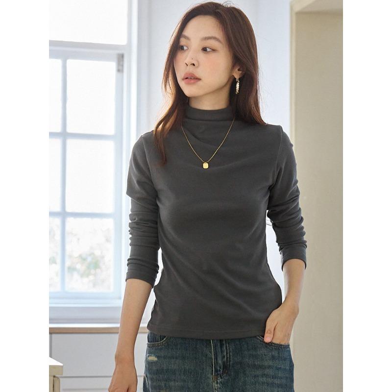 Autumn and Winter Women's Solid Color Semi-high Collar Double-sided Sanding Warm Base Shirt High Elastic Inner Slim Look All-match Base Shirt