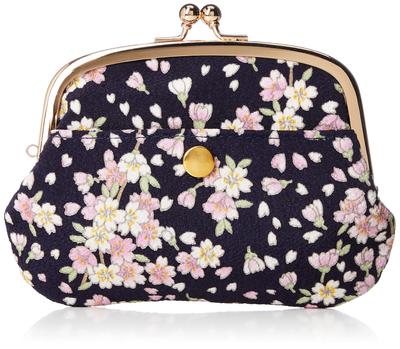 Uni Made In Futakoshi Japanese Clasp Purse (N0207) Textile, Japan, Chirimen, Pattern, Parent-Child [Cherry Blossom/Navy]