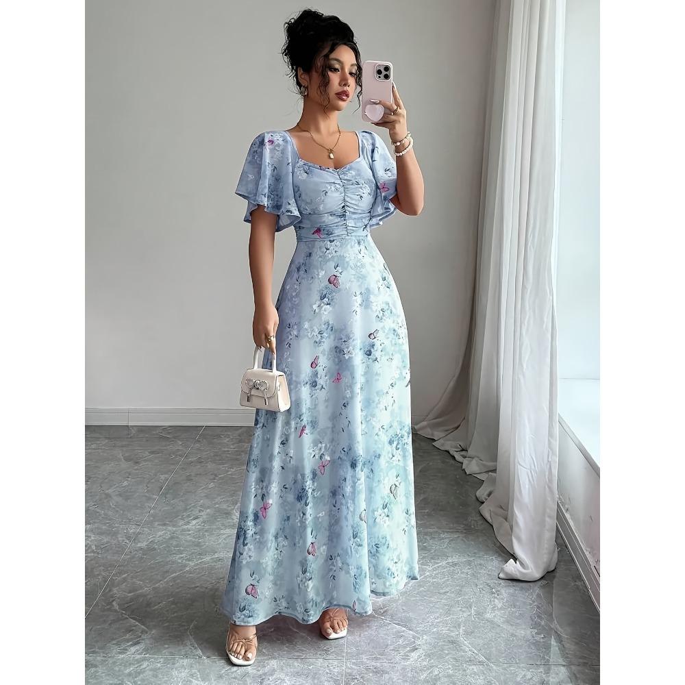 Damen Schmetterlingsmuster Fledermausärmel Chiffonkleid, Plissiert Süß Französischer Stil Sommerkleid, Elegante Koreanische Herbstmode