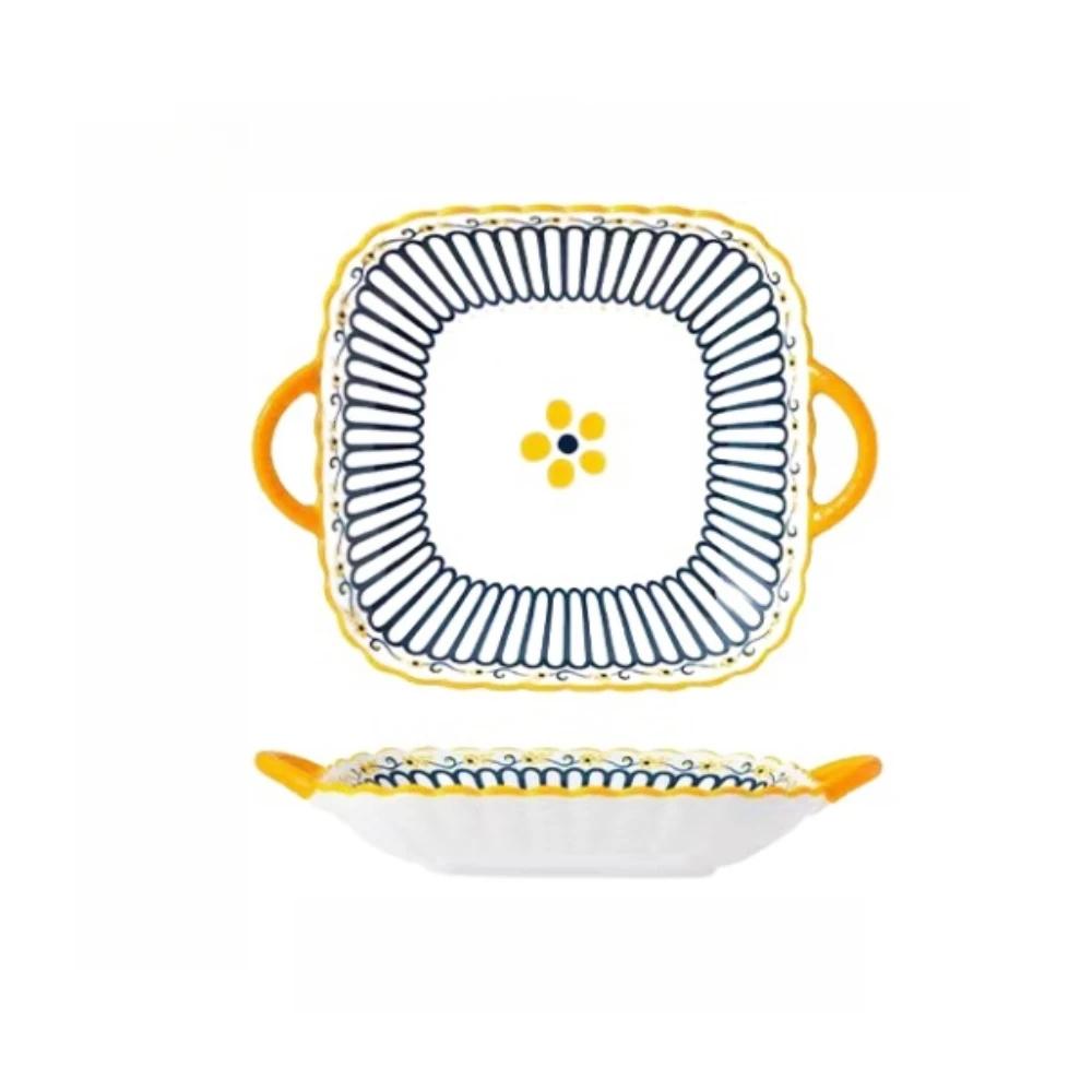 1 Pc Ceramic Square Serving Plate with Two Ears, Japanese Salad Plate, Kitchen Utensils, Italian Pasta Plate