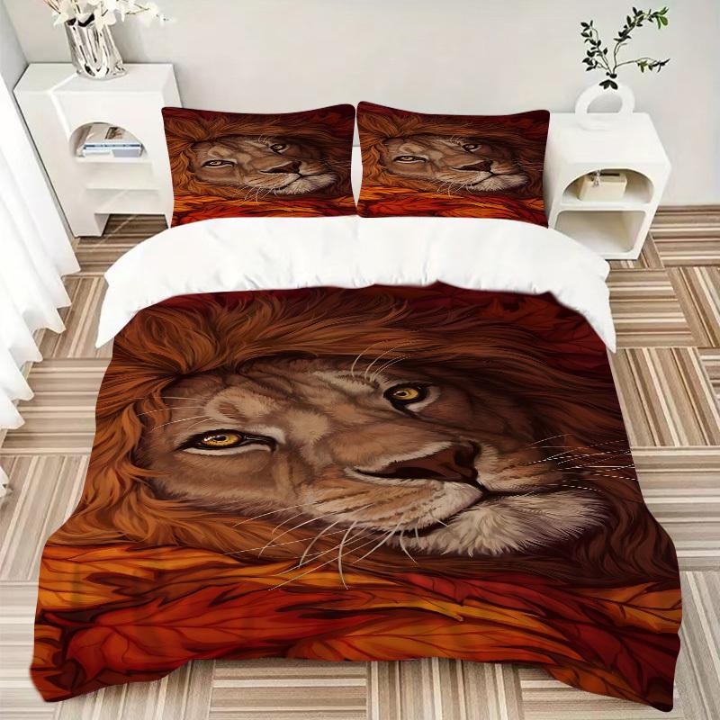 3pcs Lion, Autumn Leaves Bedding Set - 1 Duvet Cover + 2 Pillowcases(Core Not Included), Machine Washable Polyester yy251216142