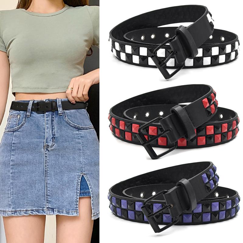 Punkový nýtovaný PU kožený pásek Fialová kolíčková přezka Pásek Y2K Hip Hop Džínový doplněk Unisex