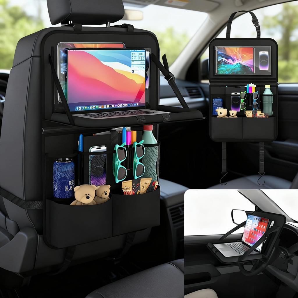 Car Seatback Kick Car Storage Pocket with Folding Tray for Children and Adults New Model with Touchable Tablet Car Tissue Convenient Backseat Car