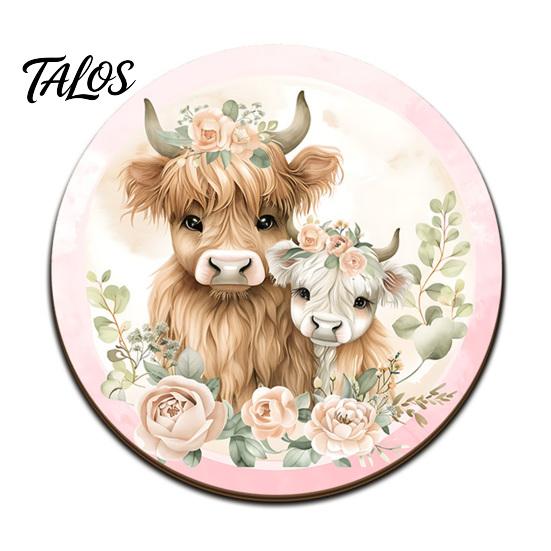 Heat Resistant Cork Cup Mats Highland Cow Coasters, Cute Floral Farmhouse Drink with Vintage Flower Print Holders Non-Slip Base, Table Protector